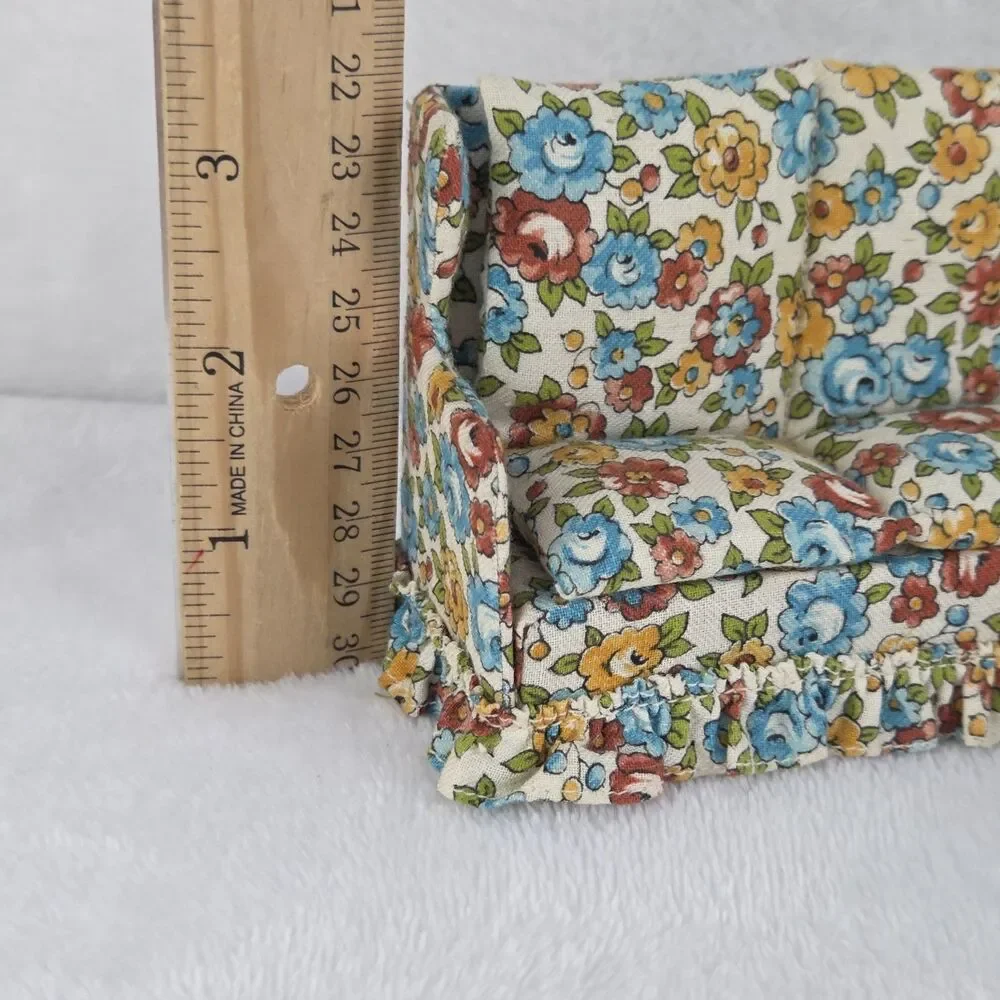 Vintage Dollhouse Living Room Furniture Sofa Chair Ottoman Floral Upholstery